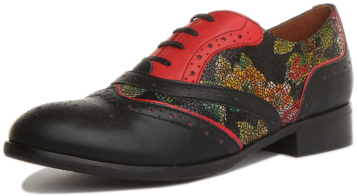 JUSTINREESS Roxana Zapatos de cordón de cuero con flores para mujer en negro rojo
