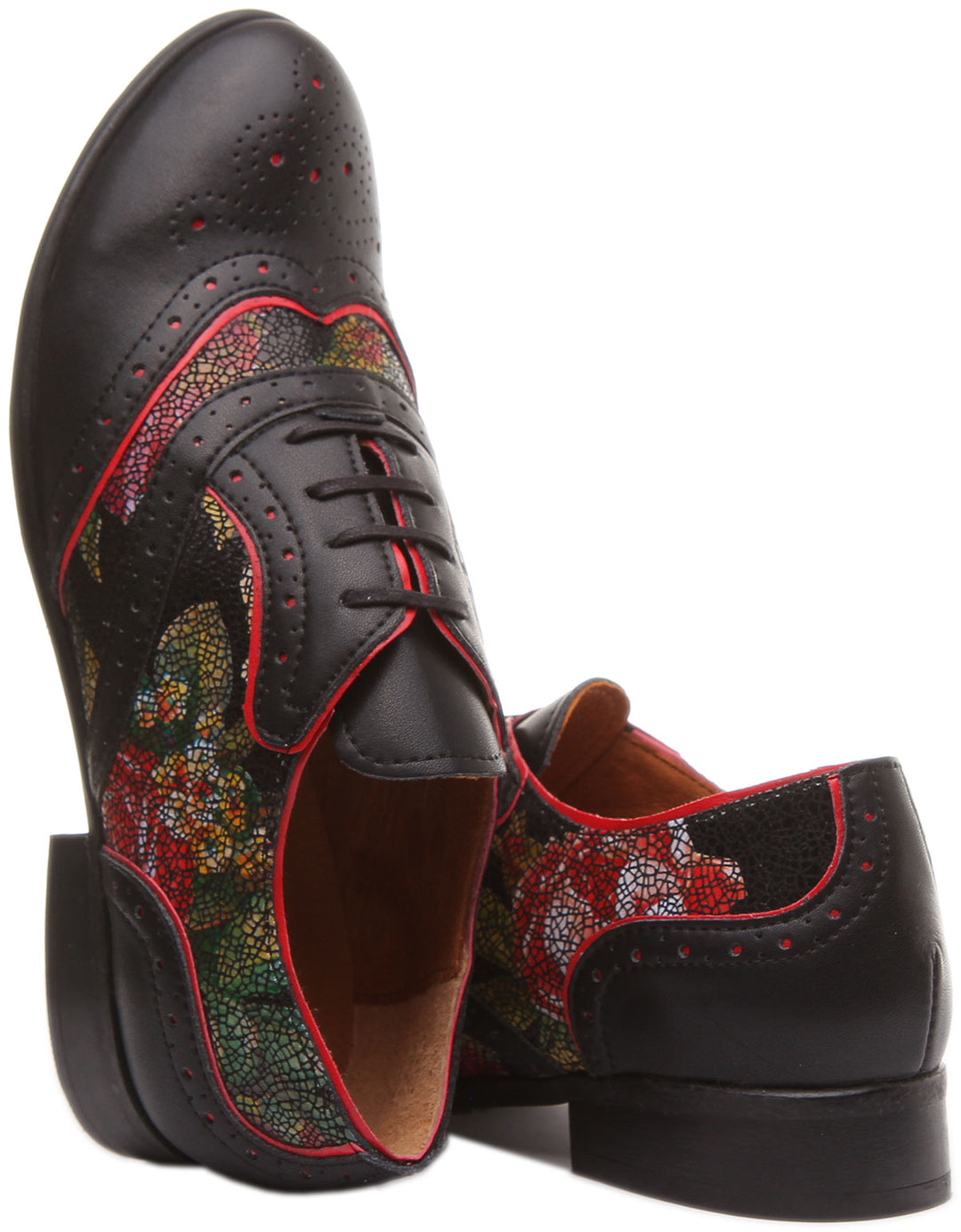 JUSTINREESS Roxana Chaussures brogue à lacets en cuir à fleurs pour femmes en noir et rouge