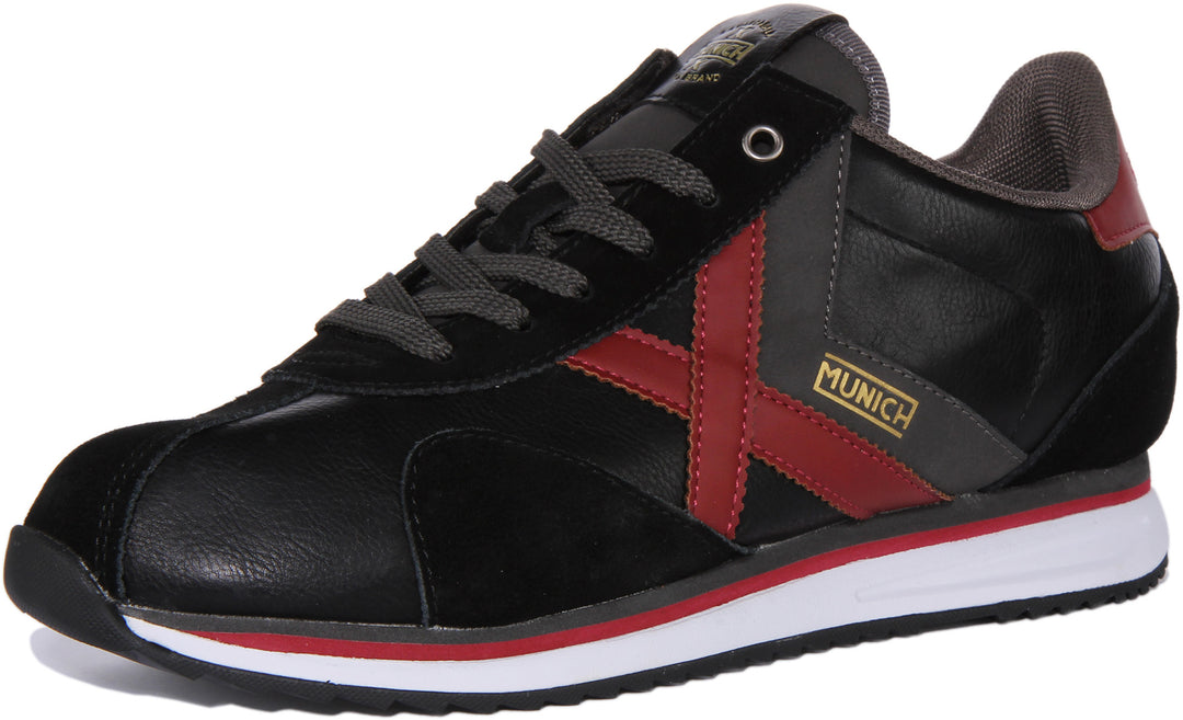 Munich Sapporo 144 Zapatillas de deporte retro de piel sintética con cordones para hombre en negro rojo