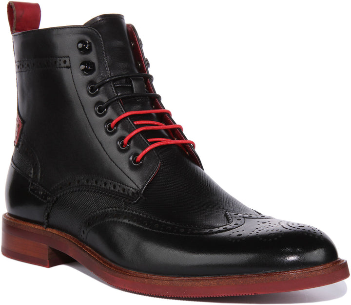 JUSTINREESS Cameron Stivale chelsea brogue in pelle allacciato da uomo in nero rosso