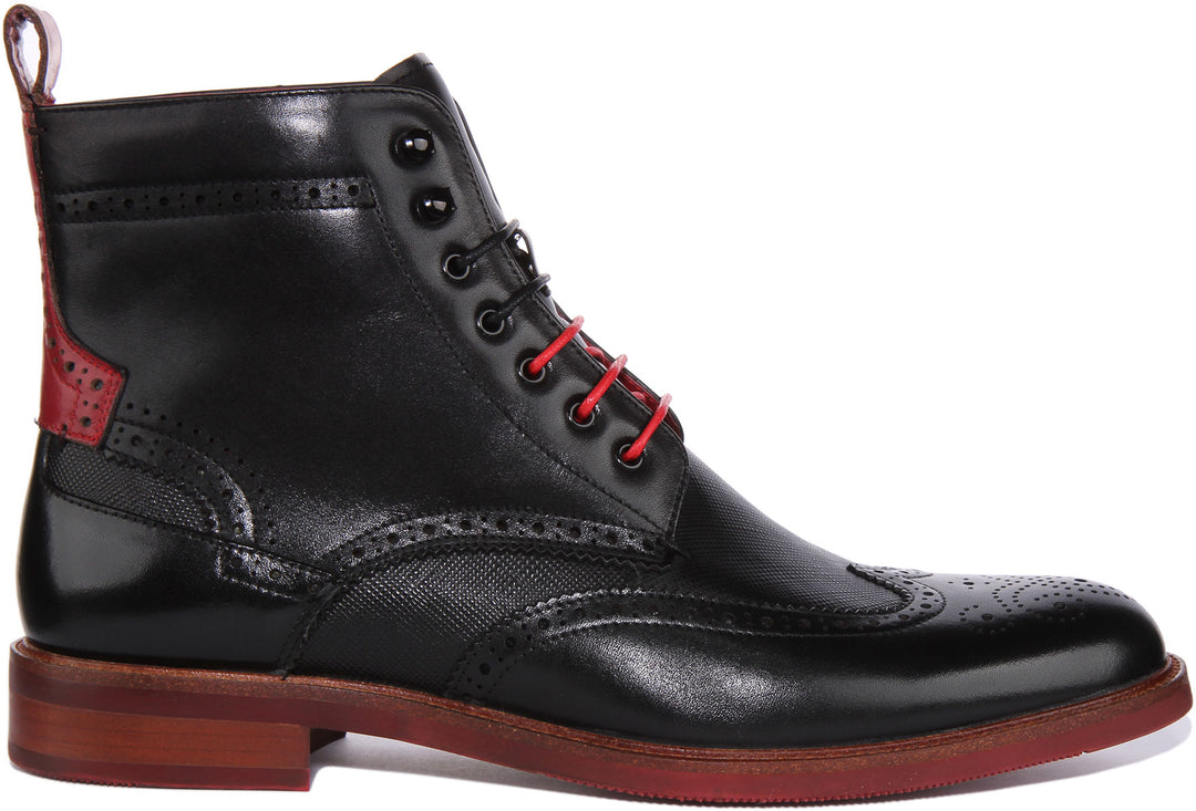 JUSTINREESS Cameron Stivale chelsea brogue in pelle allacciato da uomo in nero rosso