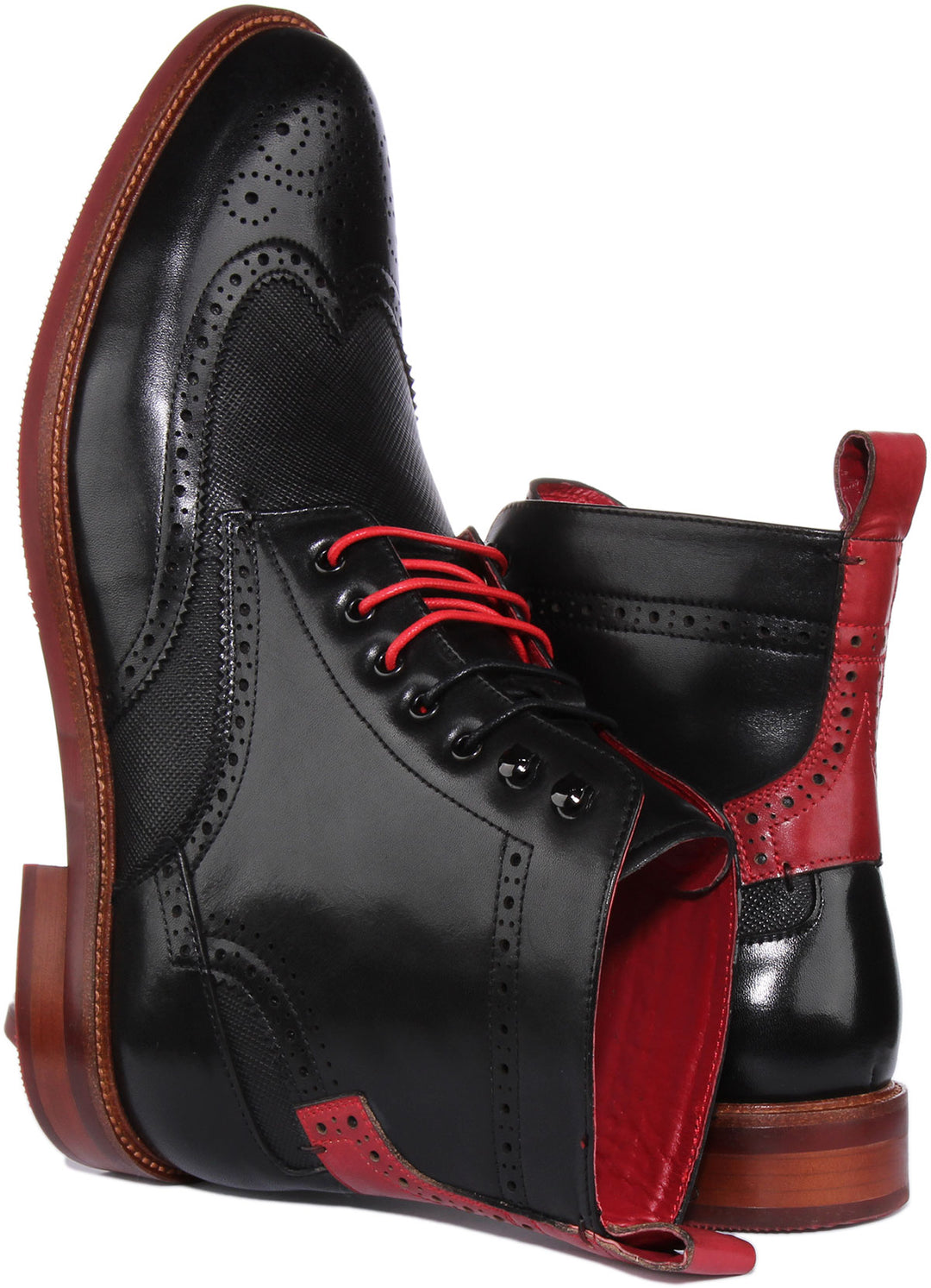 JUSTINREESS Cameron Stivale chelsea brogue in pelle allacciato da uomo in nero rosso