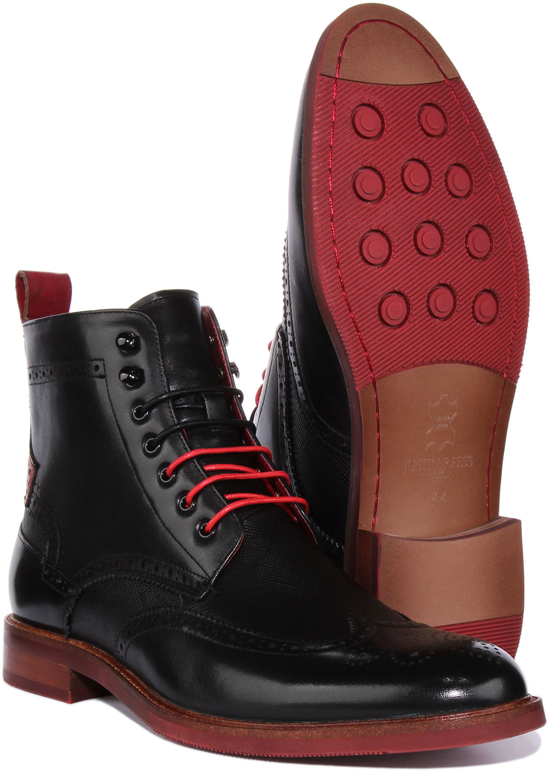 JUSTINREESS Cameron Bota chelsea brogue de piel con cordones para hombre en negro rojo