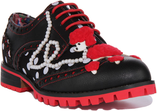 Irregular Choice Sockshop Sweetie Scarpe brogue in tessuto perlato poodle da donna in nero rosso
