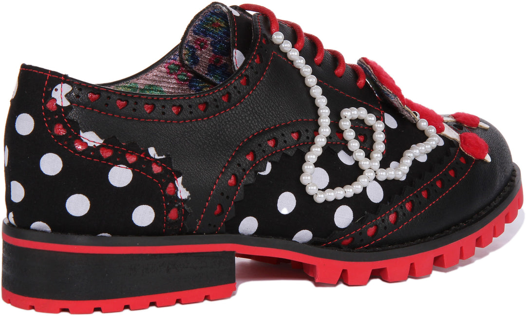 Irregular Choice Sockshop Sweetie Zapatos brogue de tela con perla de caniche para mujer en negro rojo