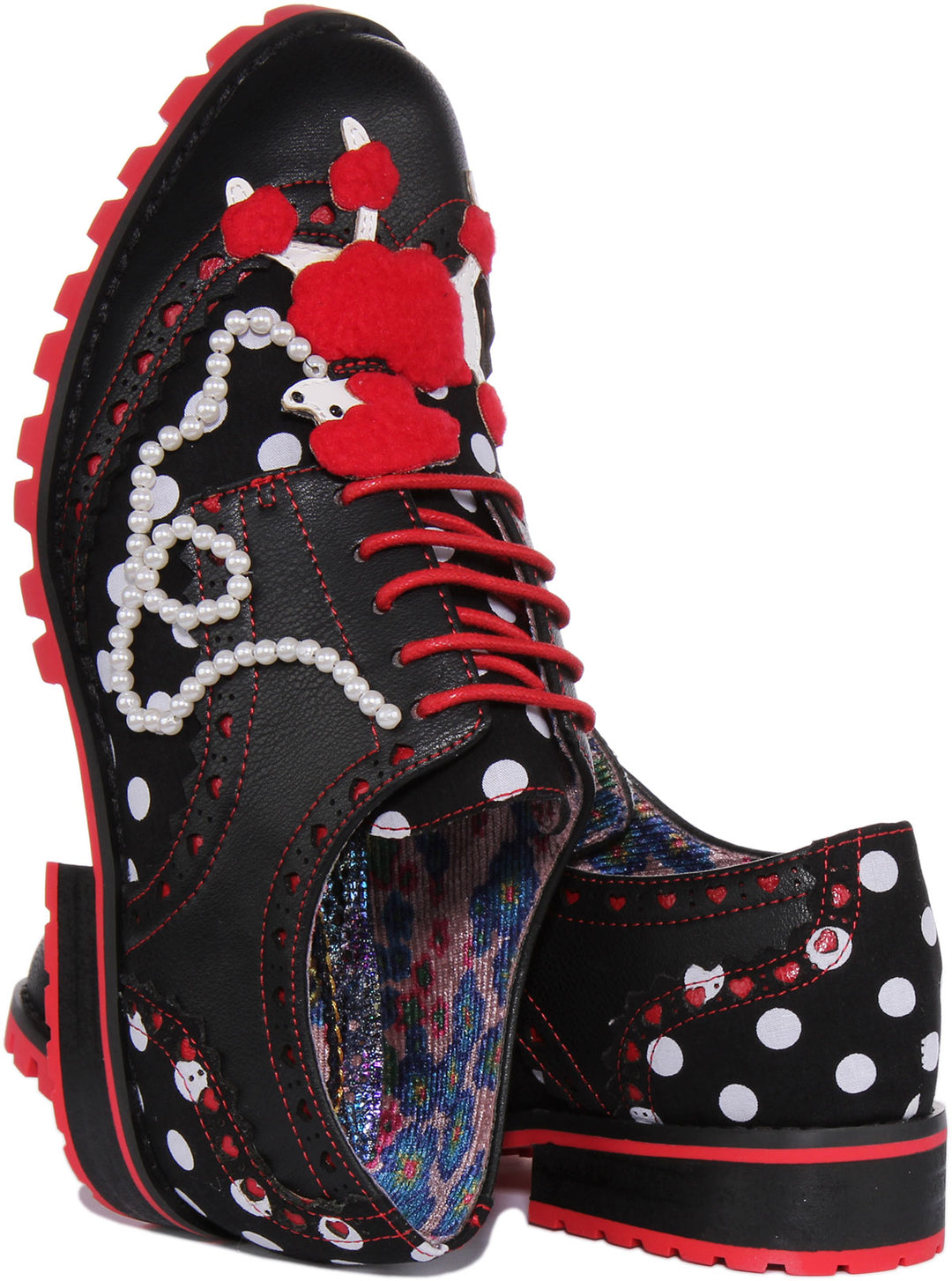 Irregular Choice Sockshop Sweetie Zapatos brogue de tela con perla de caniche para mujer en negro rojo