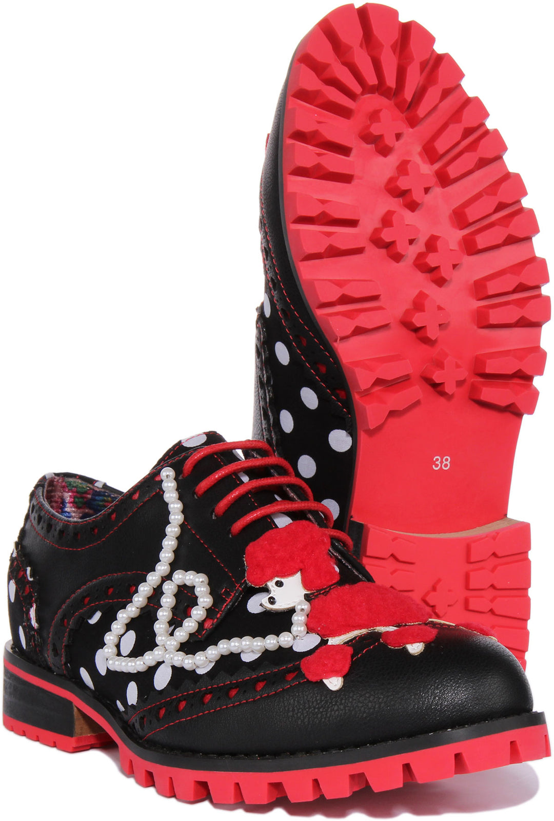 Irregular Choice Sockshop Sweetie Chaussures brogue en tissu perlé poodle pour femme en noir rouge