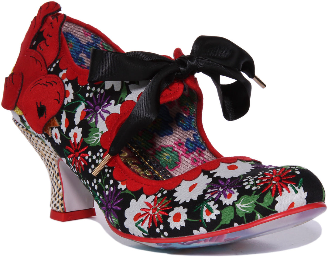 Irregular Choice Swoop Me Up Zapatos de tacón medio florales para mujer en negro rojo