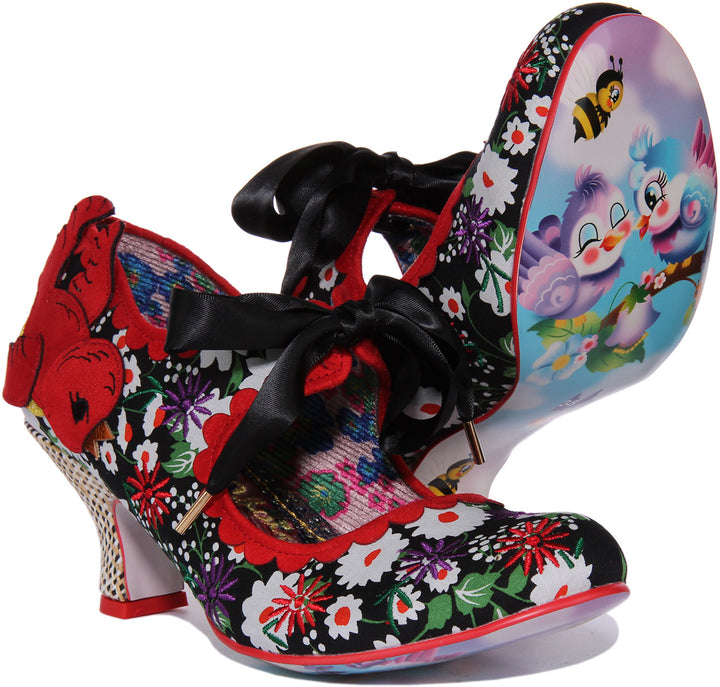 Irregular Choice Swoop Me Up Zapatos de tacón medio florales para mujer en negro rojo