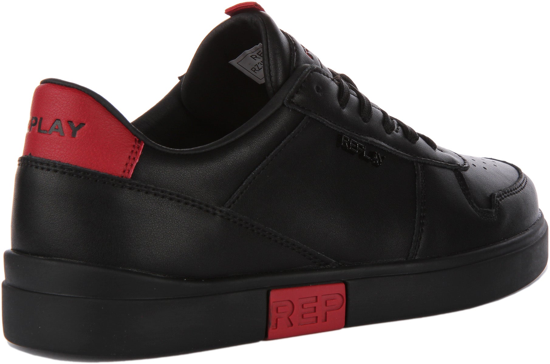 Replay Polaris Court In Black Red For Men | Padded Leather Trainer