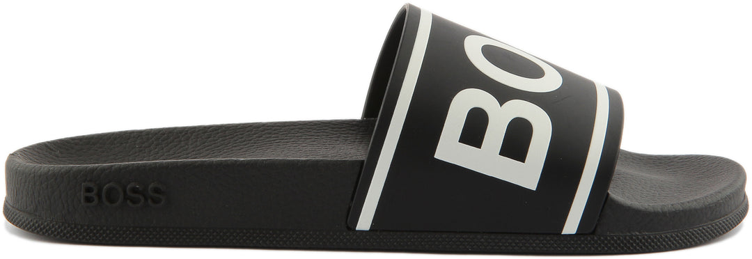 Hugo Boss Bay Sandalias deslizantes con correa de logotipo para hombre en negro blanco