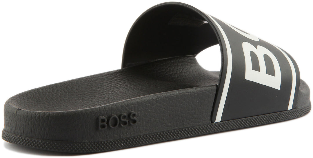 Hugo Boss Bay Sandalias deslizantes con correa de logotipo para hombre en negro blanco