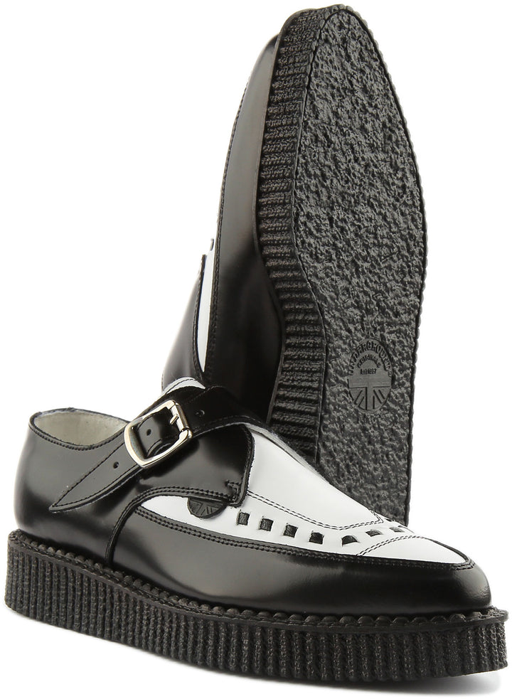 Underground Apollo Chaussures Creeper en cuir à bout pointu avec boucle poure en noir blanc