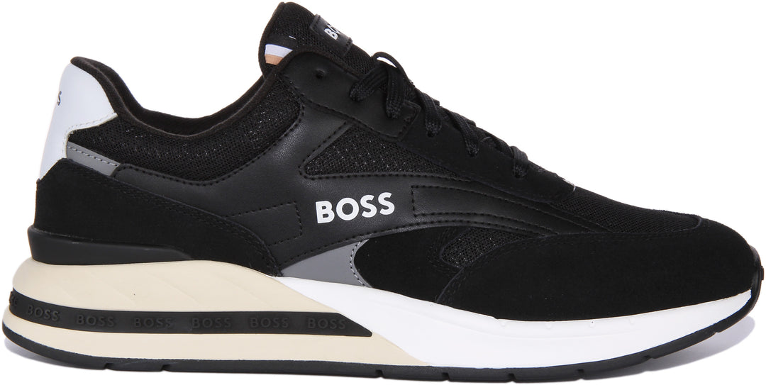 Boss Kurt Runn SDME Scarpe da ginnastica allacciate in pelle scamosciata da uomo in nero bianco