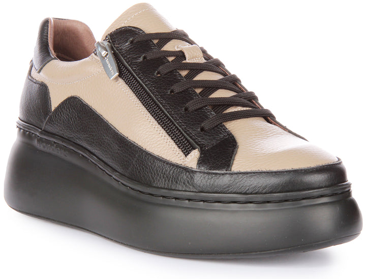 Wonders Tyler Scarpe da ginnastica in pelle con zip laterale allacciate e piattaforma da donna in nero taupe