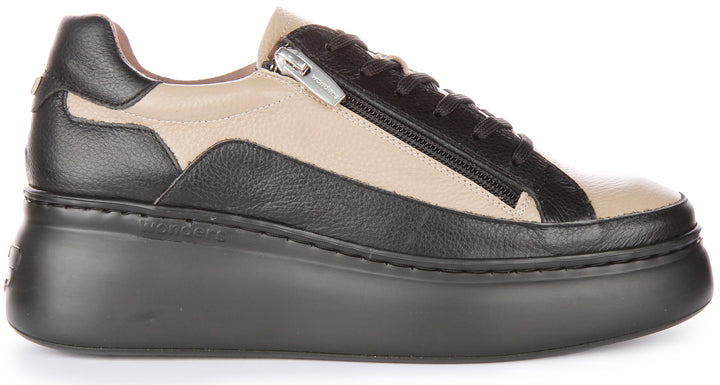 Wonders Tyler Scarpe da ginnastica in pelle con zip laterale allacciate e piattaforma da donna in nero taupe