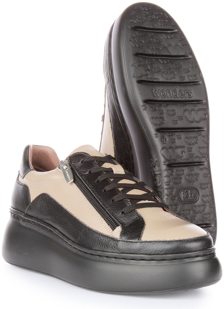 Wonders Tyler Scarpe da ginnastica in pelle con zip laterale allacciate e piattaforma da donna in nero taupe