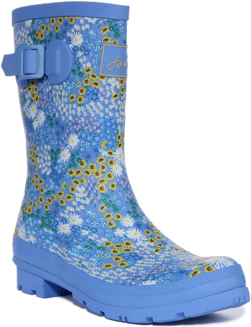 Joules Molly Welly Bota de agua con estampado floral de rayas para mujer en azul