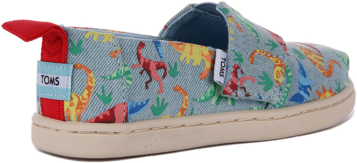 Toms Tiny Alpargata Espadrillas in denim lavato con stampa dinomite dino per bambini in blu Multi