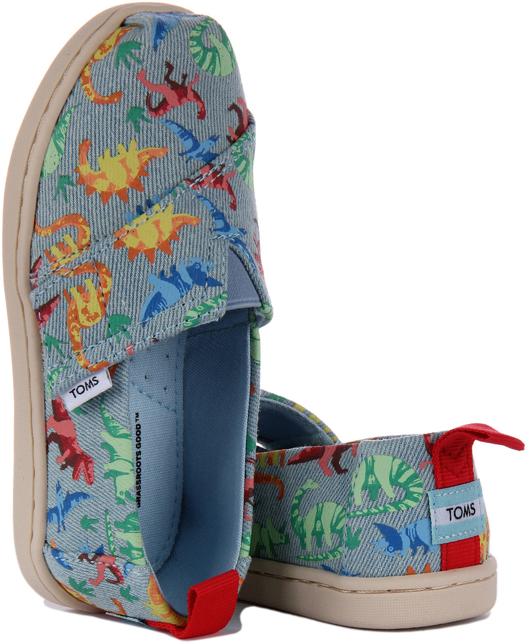 Toms Tiny Alpargata Alpargatas de denim lavado con estampado de dinosaurio Dinomite para bebé en azul multi