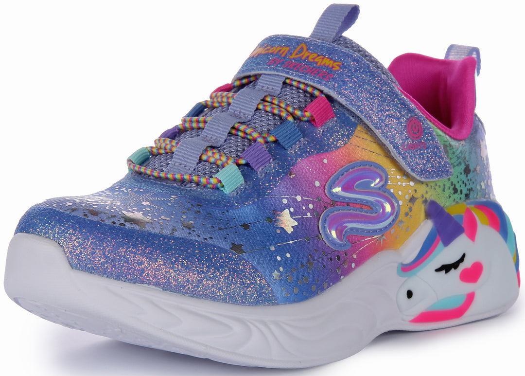 Skechers S Lights: Unicorn Dreams Baskets à enfiler en synthétique pailleté pour enfants en bleu multi