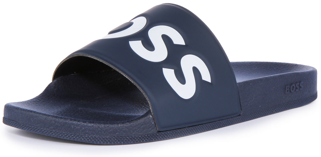 Boss Aryeh Rblg Sandalia deslizante de PVC con correa con logotipo para hombre en azul blanco