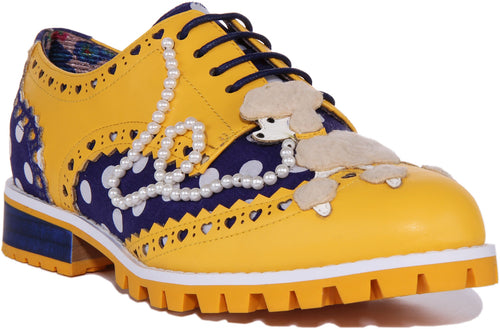 Irregular Choice Sockshop Sweetie Scarpe brogue in tessuto perlato poodle da donna in blu giallo