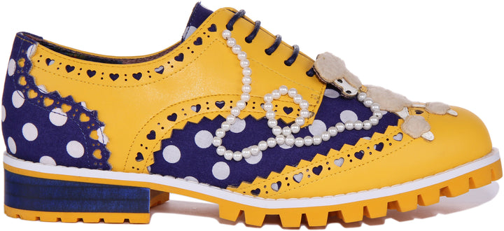 Irregular Choice Sockshop Sweetie Chaussures brogue en tissu perlé poodle pour femme en bleu jaune