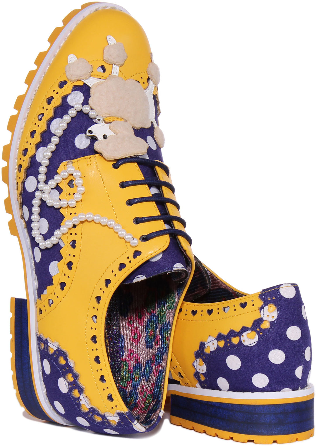 Irregular Choice Sockshop Sweetie Zapatos brogue de tela con perla de caniche para mujer en azul amarillo