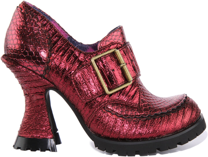 Irregular Choice Step To It Chaussures à talons hauts incurvés métalliques pour femmes en bordeaux