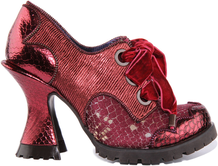 Irregular Choice Whimsical Windsor Chaussures à talons hauts incurvés métalliques pour femmes en bordeaux