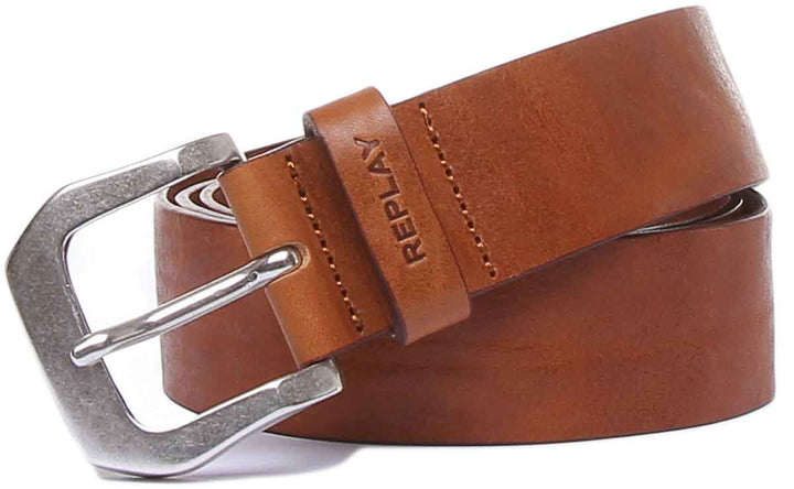 Replay Mens Leather Belt In Brown