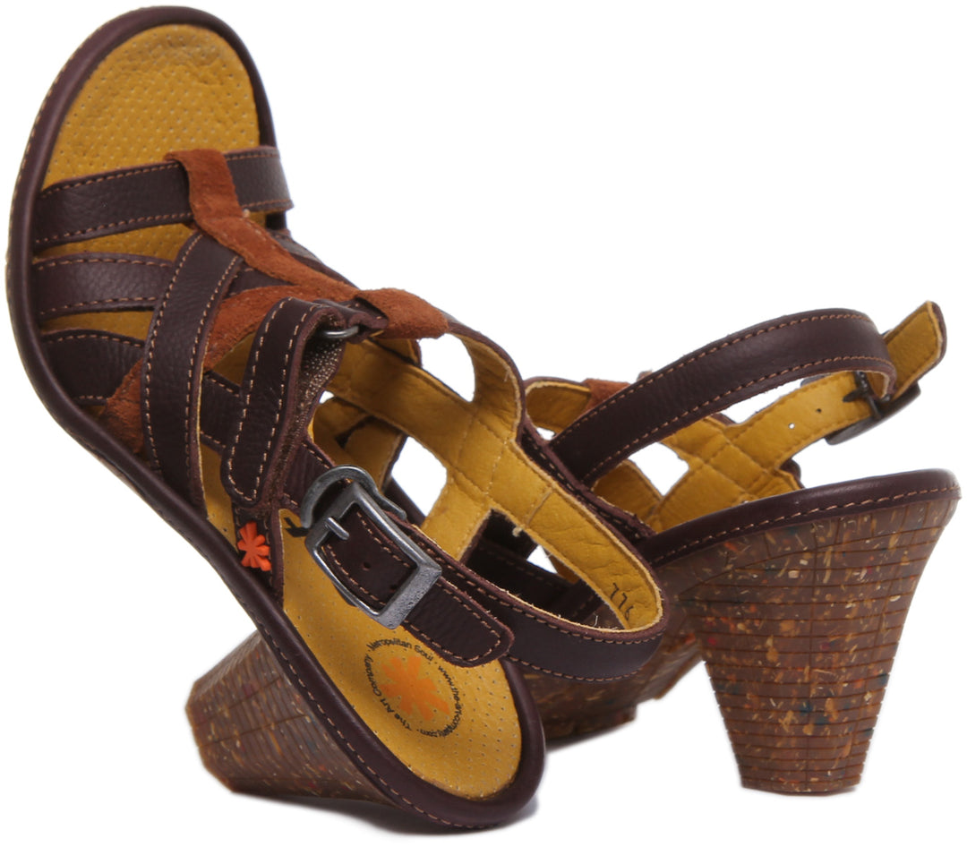 Art Company 0776 Sandale à talon bloc en cuir avec bride à cheville pour femme en brun