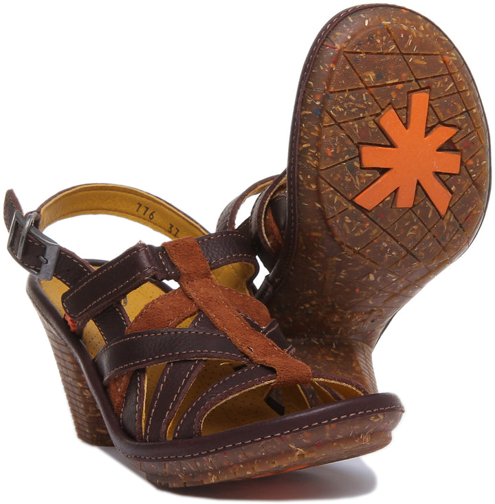 Art Company 0776 Sandale à talon bloc en cuir avec bride à cheville pour femme en brun