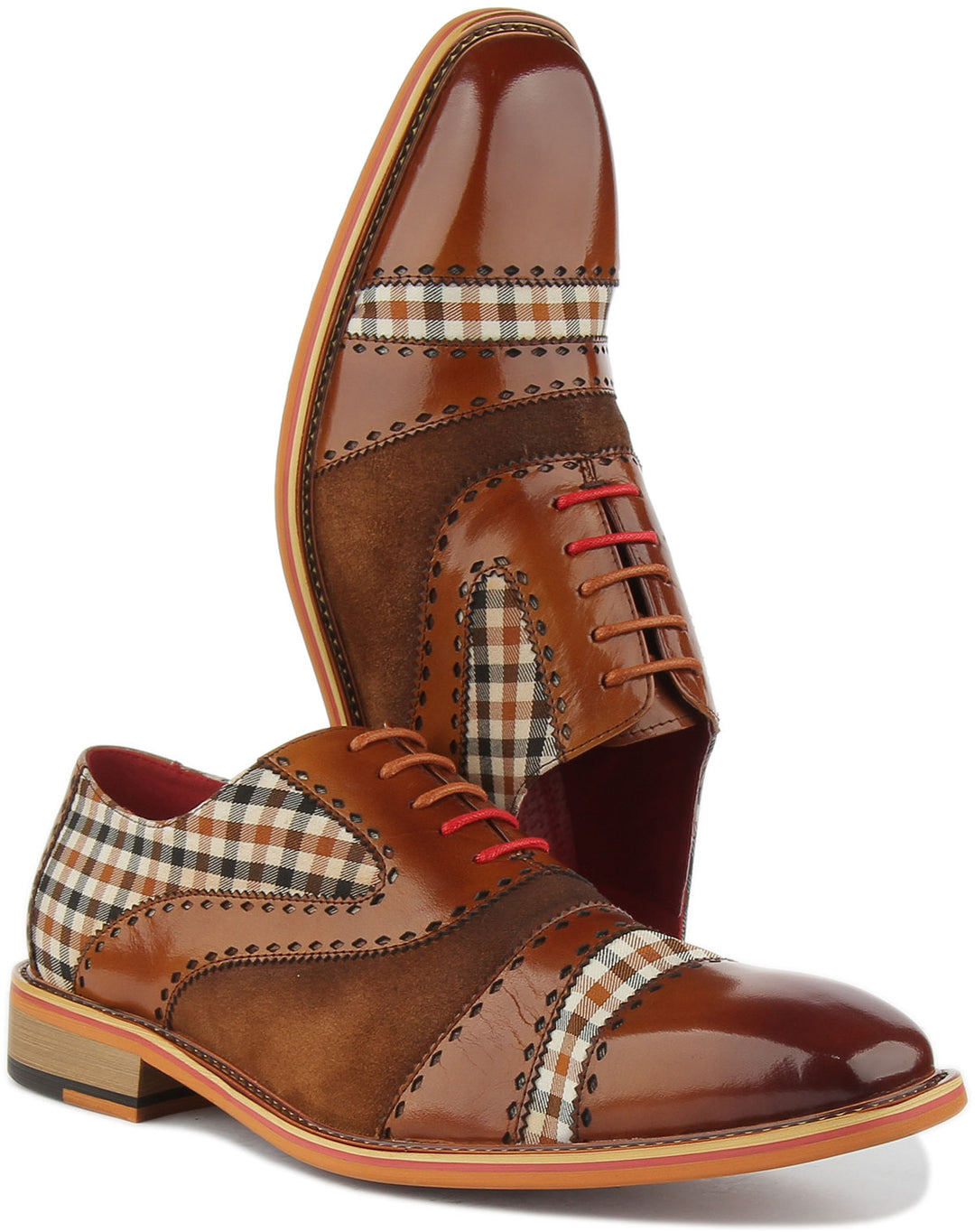 JUSTINREESS Danny Zapatos Oxford con cordones de piel con estampado de cuadros para hombre en marrón