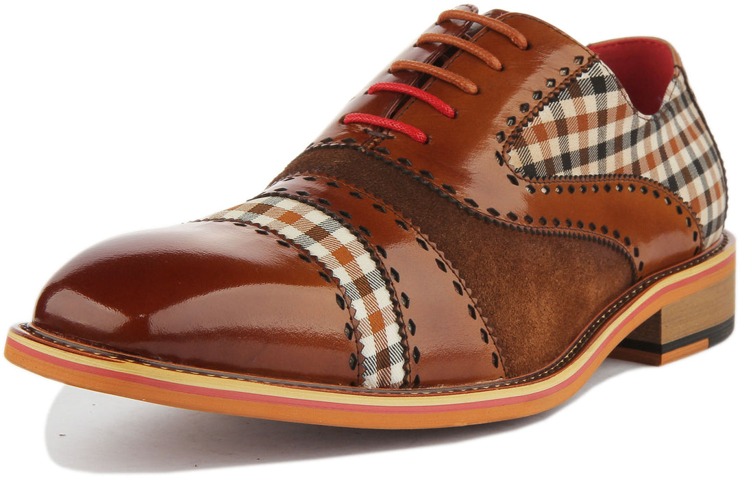 JUSTINREESS Danny Zapatos Oxford con cordones de piel con estampado de cuadros para hombre en marrón