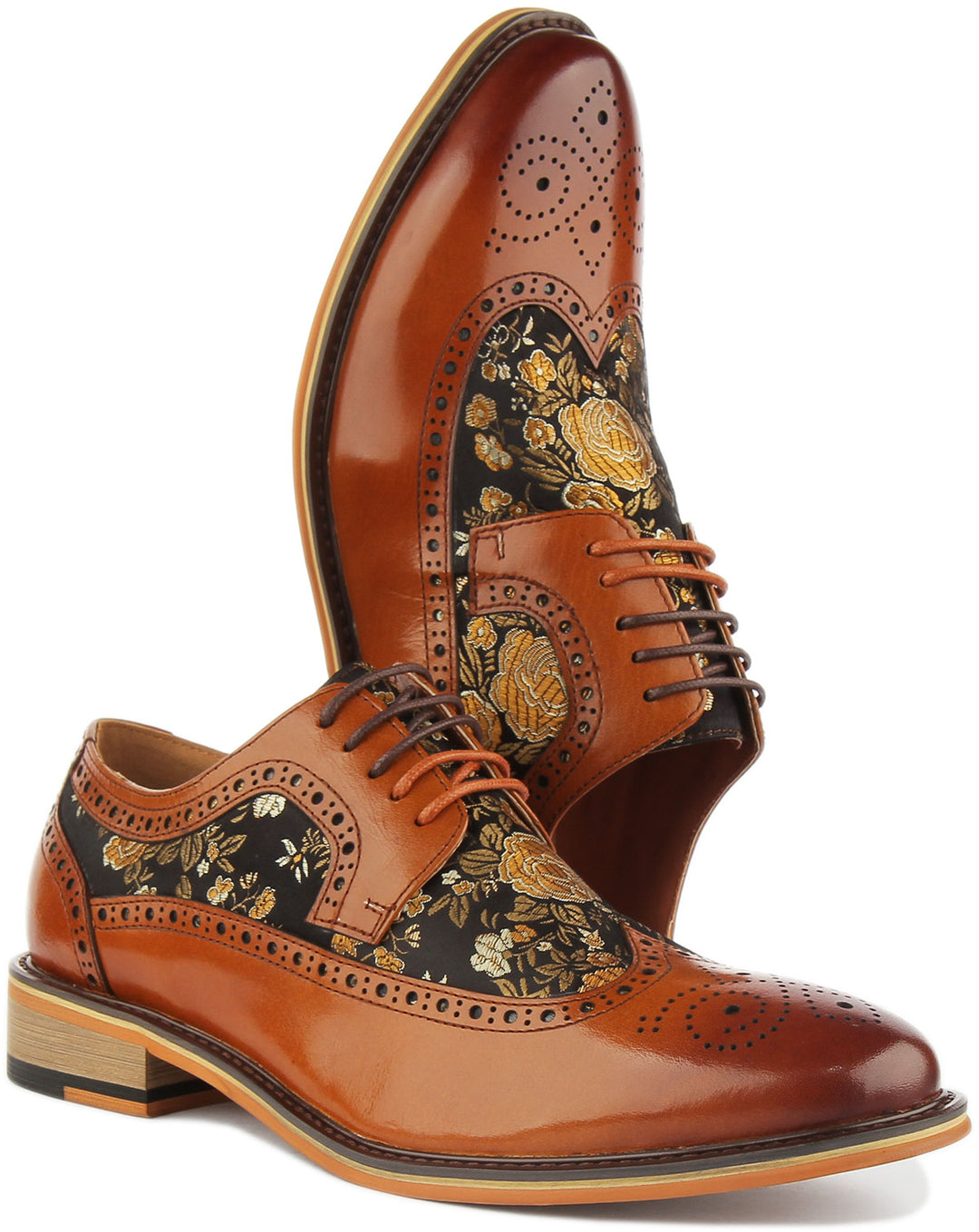 JUSTINREESS Ross Zapatos de cordón de cuero con flores para hombre en marrón