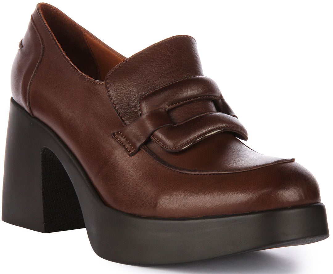 JUSTINREESS Nyra Scarpe Oxford con tacco medio e grosso in pelle da donna in marrone