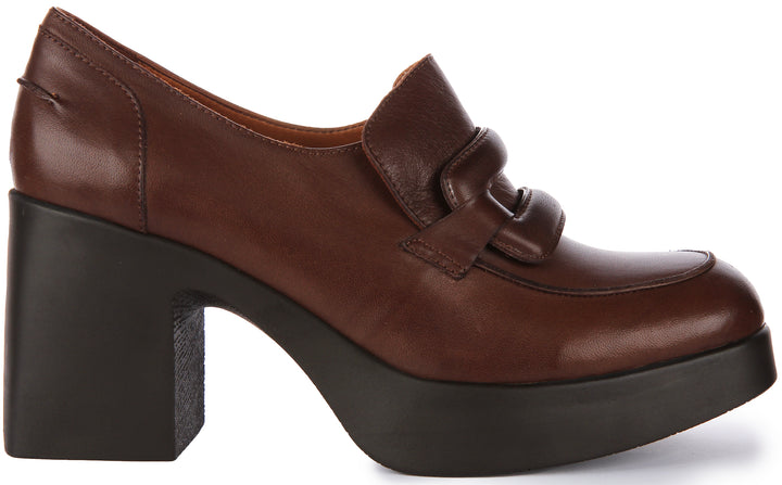 JUSTINREESS Nyra Scarpe Oxford con tacco medio e grosso in pelle da donna in marrone