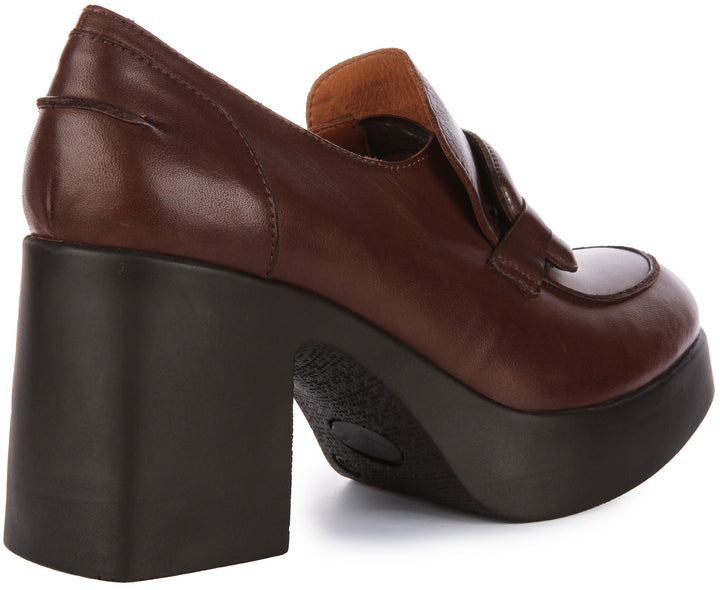 JUSTINREESS Nyra Scarpe Oxford con tacco medio e grosso in pelle da donna in marrone