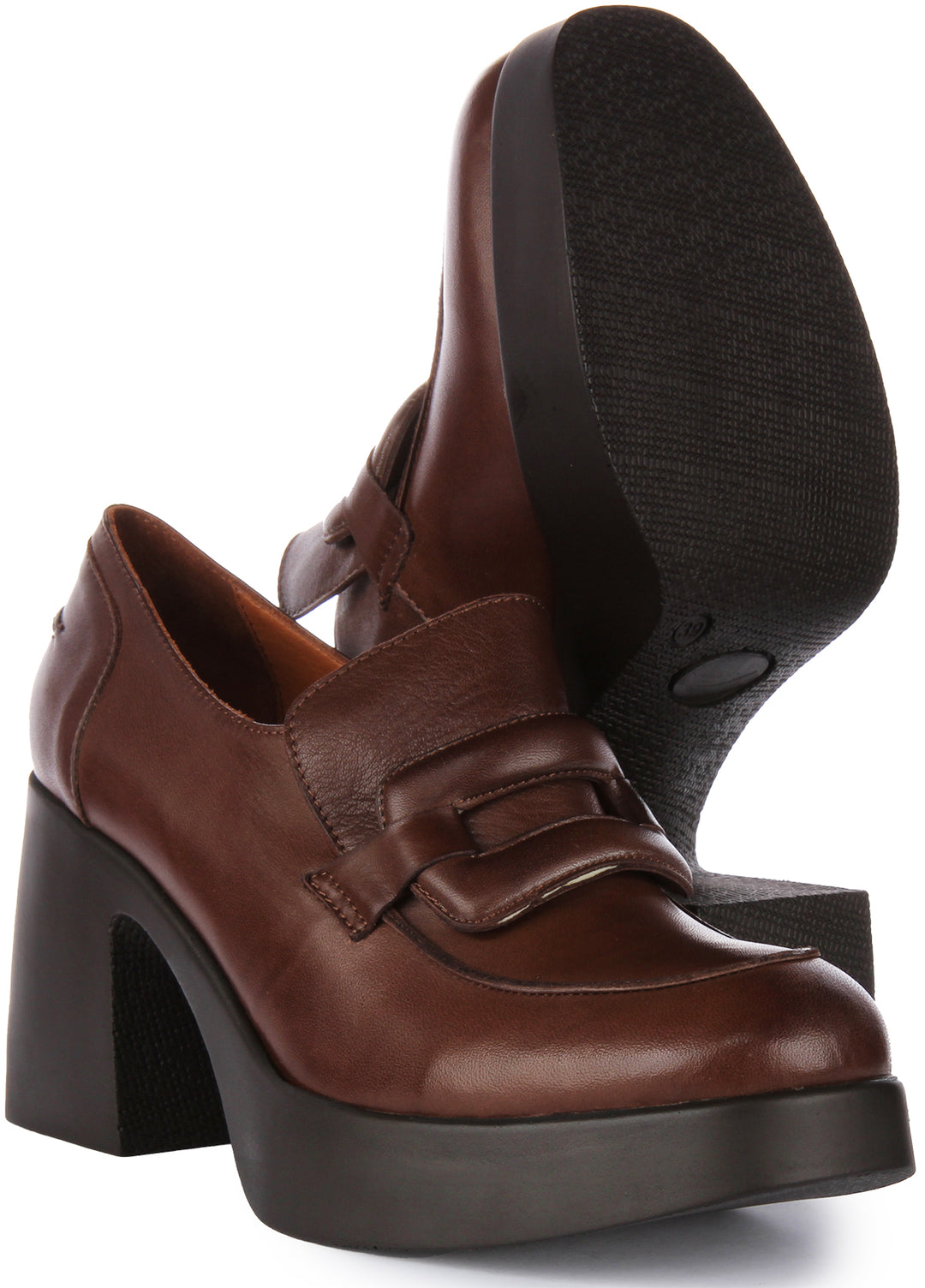 JUSTINREESS Nyra Scarpe Oxford con tacco medio e grosso in pelle da donna in marrone