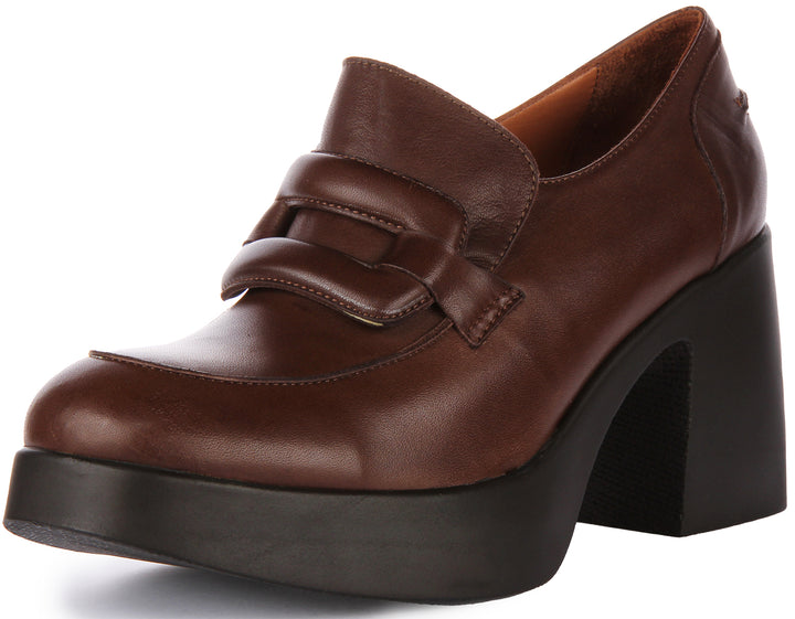 JUSTINREESS Nyra Scarpe Oxford con tacco medio e grosso in pelle da donna in marrone