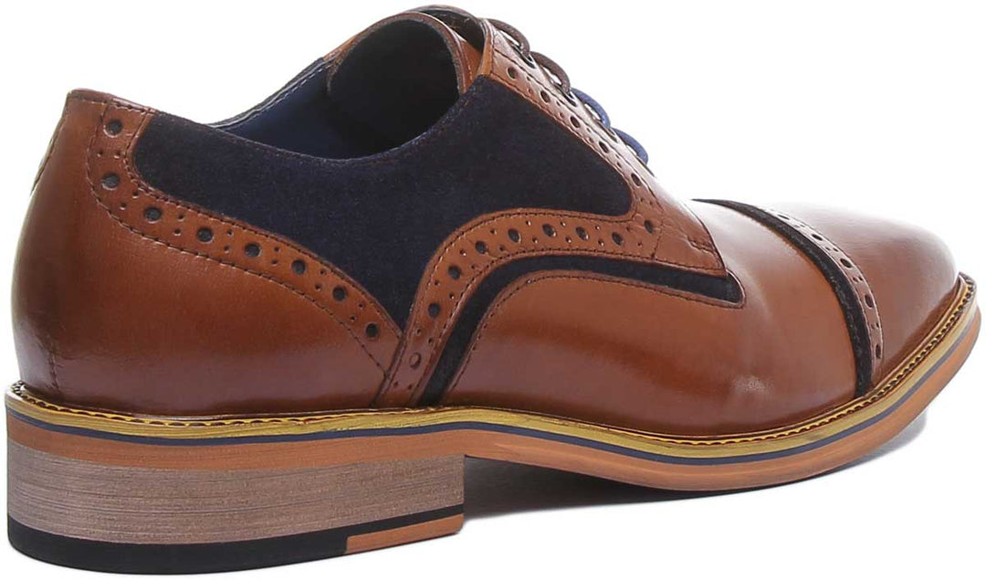 JUSTINREESS Dennis Chaussures de derby à lacets pour hommes avec bout en cuir bleu marron