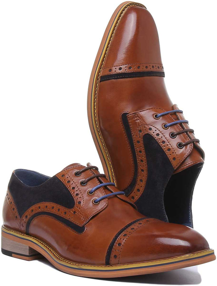 JUSTINREESS Dennis Chaussures de derby à lacets pour hommes avec bout en cuir bleu marron