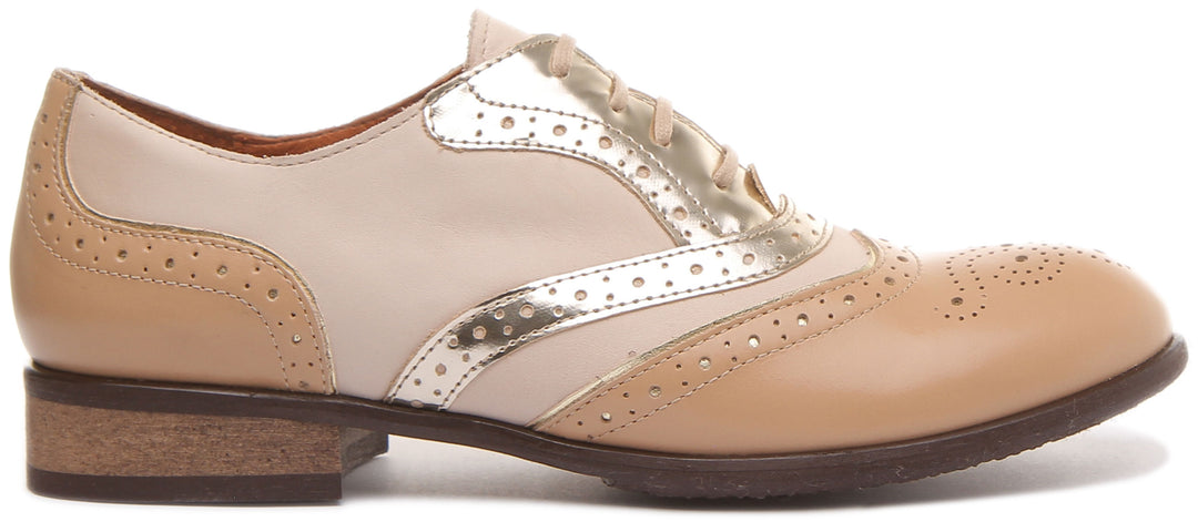 Roxana Lace up Soft Leather Brogue Shoes in Gold