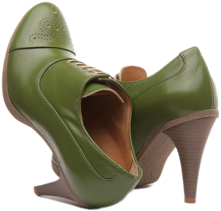 Margy Stilleto Heeled Lace up Brogue Shoes in Green