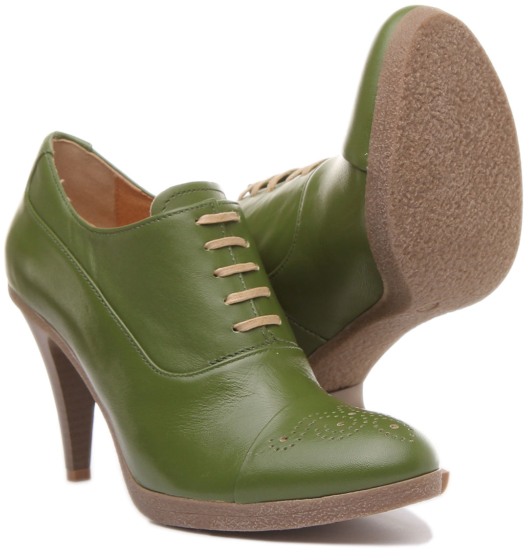 JUSTINREESS Margy Chaussures richelieu en cuir à lacets et à talons hauts pour femmes en vert