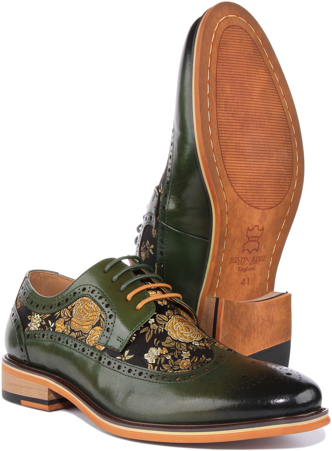 JUSTINREESS Ross Zapatos de cordón de cuero con flores para hombre en verde