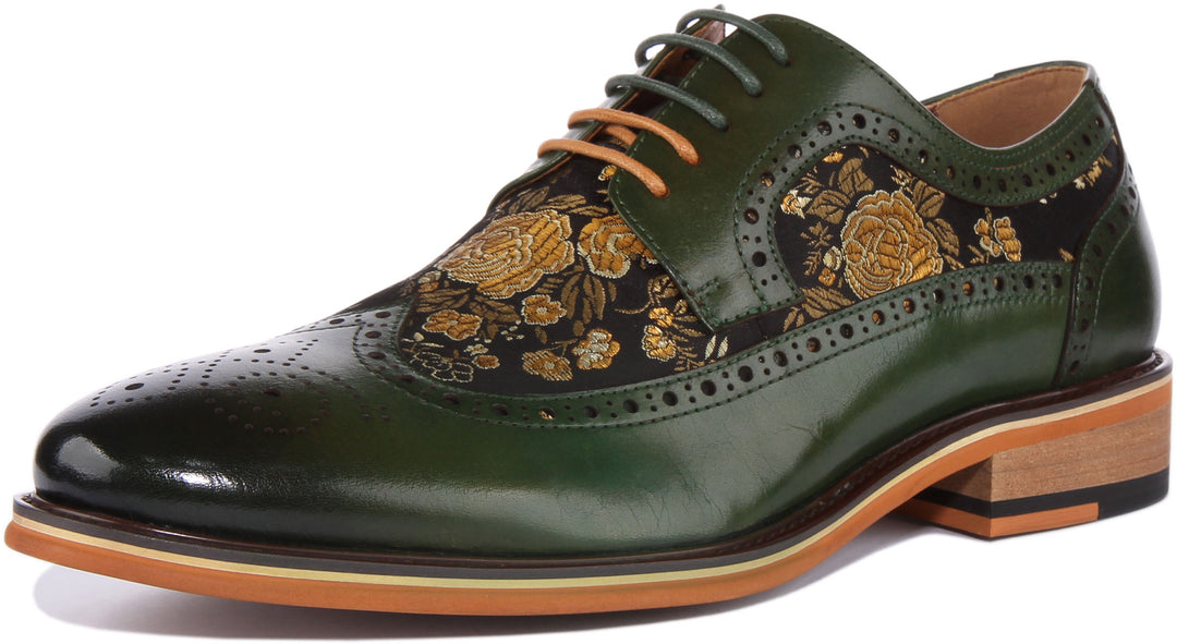 JUSTINREESS Ross Zapatos de cordón de cuero con flores para hombre en verde