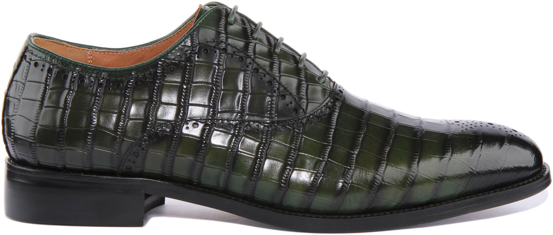 JUSTINREESS Andre Chaussures Brogue à lacets en cuir imprimé croco pour hommes en vert
